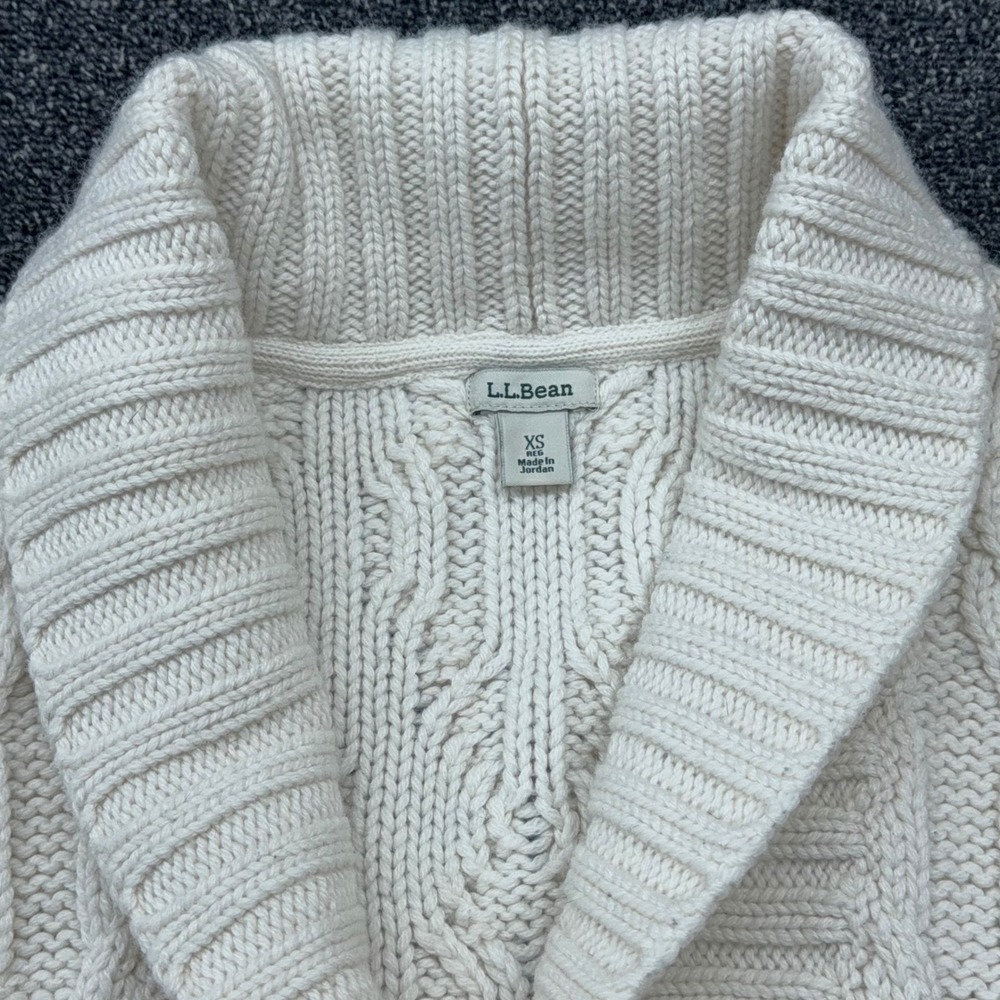 LL Bean Women XS Cream Cable Knit Wool Blend Shawl Collar Fisherman Cardigan - Picture 3 of 10